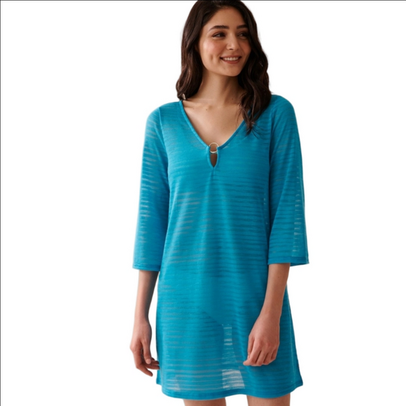 La Vie En Rose AQUA Swim Coverup OCEAN blue Vneck Tie Back Sz M EUC - Picture 1 of 15